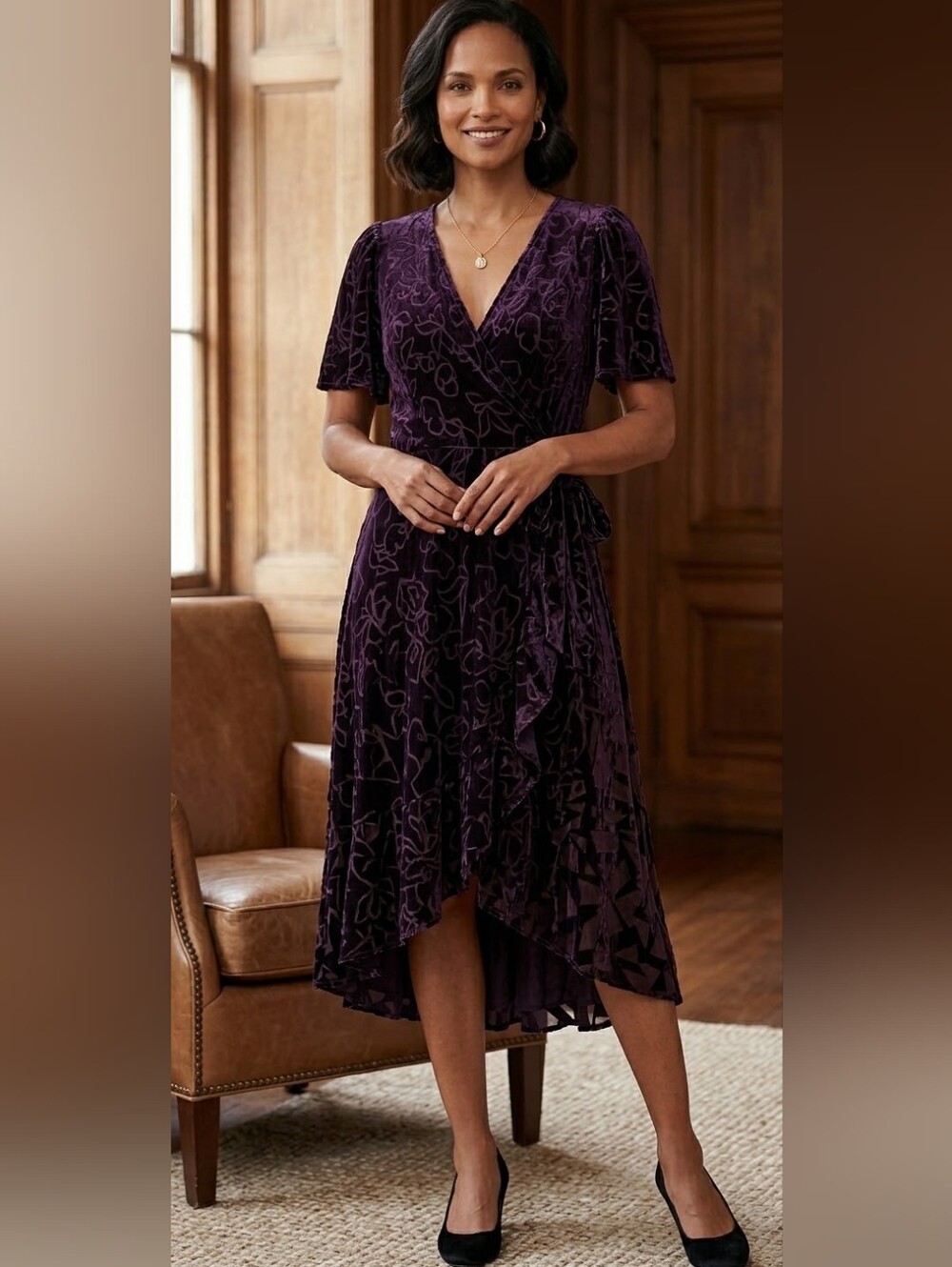 Calvin Klein Deep Plum Velvet High-Low Wrap Dress